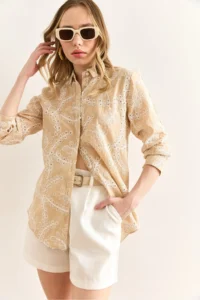 Olalook Women's Stone Geometric Scallop Detailed Shirt - Image 7