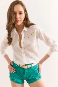 Olalook Women's White Yellow Colored Floral Cotton Scallop Shirt
