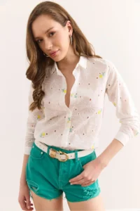 Olalook Women's White Yellow Colored Floral Cotton Scallop Shirt - Image 2