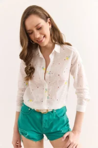 Olalook Women's White Yellow Colored Floral Cotton Scallop Shirt - Image 4