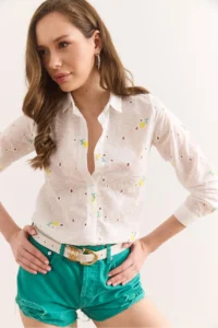 Olalook Women's White Yellow Colored Floral Cotton Scallop Shirt - Image 5