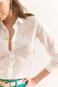Olalook Women's White Yellow Colored Floral Cotton Scallop Shirt - Image 6