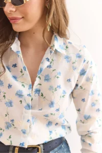 Olalook Women White Blue Floral Fisto Shirt - Image 4