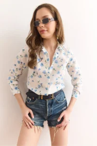 Olalook Women White Blue Floral Fisto Shirt - Image 5