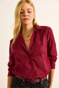 Olalook Women's Claret Red Scallop Regular Fit Cotton Shirt