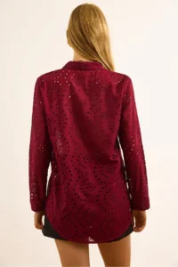 Olalook Women's Claret Red Scallop Regular Fit Cotton Shirt - Image 2