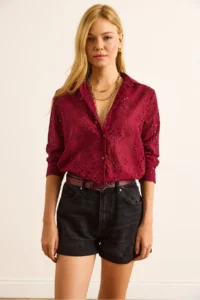 Olalook Women's Claret Red Scallop Regular Fit Cotton Shirt - Image 3