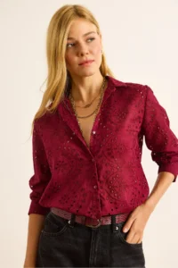 Olalook Women's Claret Red Scallop Regular Fit Cotton Shirt - Image 4