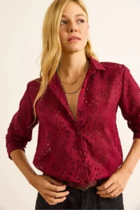 Olalook Women's Claret Red Scallop Regular Fit Cotton Shirt - Image 5