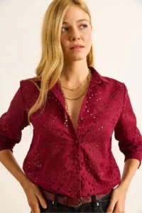 Olalook Women's Claret Red Scallop Regular Fit Cotton Shirt - Image 6