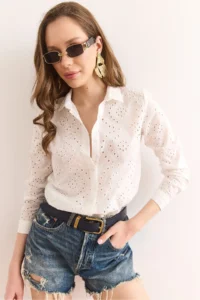Olalook Women's White Scallop Regular Fit Cotton Shirt - Image 3