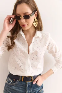 Olalook Women's White Scallop Regular Fit Cotton Shirt - Image 4