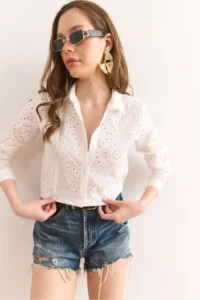Olalook Women's White Scallop Regular Fit Cotton Shirt - Image 5