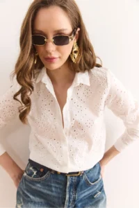 Olalook Women's White Scallop Regular Fit Cotton Shirt - Image 6