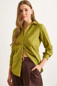 Olalook Women's Oil Green Regular Fit Scallop Shirt - Image 3