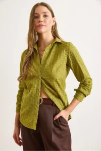 Olalook Women's Oil Green Regular Fit Scallop Shirt - Image 4