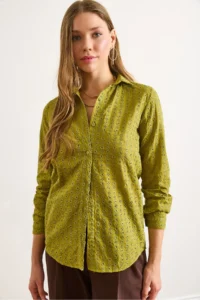 Olalook Women's Oil Green Regular Fit Scallop Shirt - Image 5