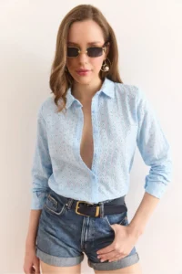 Olalook Women's Baby Blue Regular Fit Scallop Shirt GML-