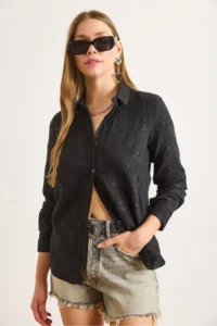 Olalook Women's Black Embroidery Detailed Muslin Shirt - Image 3