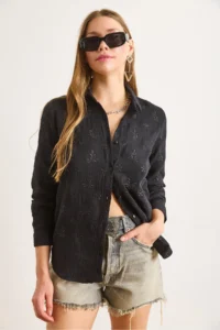 Olalook Women's Black Embroidery Detailed Muslin Shirt - Image 4