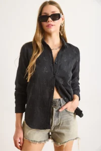 Olalook Women's Black Embroidery Detailed Muslin Shirt - Image 5