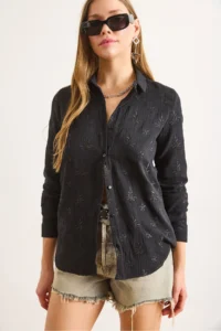 Olalook Women's Black Embroidery Detailed Muslin Shirt - Image 6