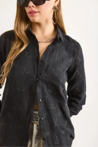 Olalook Women's Black Embroidery Detailed Muslin Shirt - Image 7