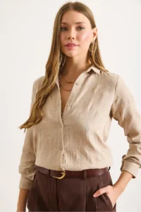 Olalook Women's Camel Embroidery Detailed Muslin Shirt - Image 3