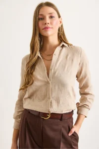 Olalook Women's Camel Embroidery Detailed Muslin Shirt - Image 4