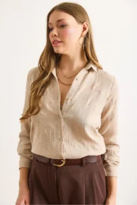 Olalook Women's Camel Embroidery Detailed Muslin Shirt - Image 5