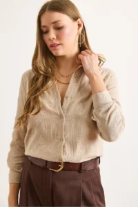 Olalook Women's Camel Embroidery Detailed Muslin Shirt - Image 6