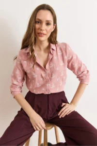 Olalook Women's Dusty Rose White Embroidery Detailed Muslin Shirt - Image 3