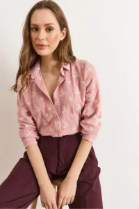 Olalook Women's Dusty Rose White Embroidery Detailed Muslin Shirt - Image 4