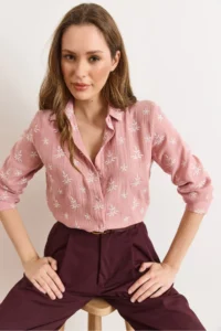 Olalook Women's Dusty Rose White Embroidery Detailed Muslin Shirt - Image 6