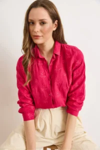 Olalook Women's Fuchsia Embroidery Detailed Muslin Shirt