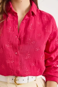 Olalook Women's Fuchsia Embroidery Detailed Muslin Shirt - Image 3