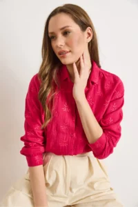 Olalook Women's Fuchsia Embroidery Detailed Muslin Shirt - Image 4
