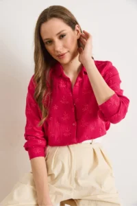 Olalook Women's Fuchsia Embroidery Detailed Muslin Shirt - Image 5