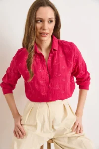 Olalook Women's Fuchsia Embroidery Detailed Muslin Shirt - Image 6