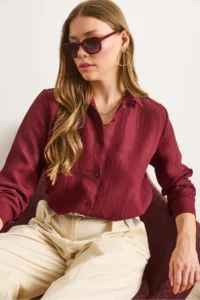 Olalook Women's Burgundy Transparent Striped Regular Fit Loose Shirt