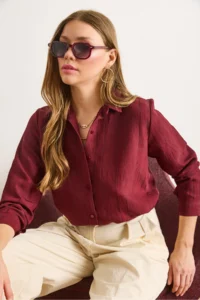 Olalook Women's Burgundy Transparent Striped Regular Fit Loose Shirt - Image 3