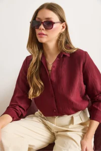 Olalook Women's Burgundy Transparent Striped Regular Fit Loose Shirt - Image 4