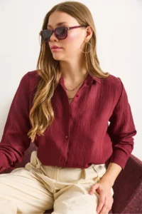 Olalook Women's Burgundy Transparent Striped Regular Fit Loose Shirt - Image 5
