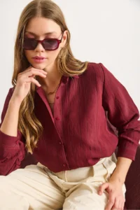 Olalook Women's Burgundy Transparent Striped Regular Fit Loose Shirt - Image 6