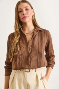 Olalook Women's Brown Geometric Stripe Detailed Loose Shirt