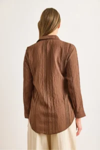 Olalook Women's Brown Geometric Stripe Detailed Loose Shirt - Image 2