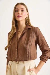 Olalook Women's Brown Geometric Stripe Detailed Loose Shirt - Image 3
