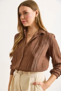 Olalook Women's Brown Geometric Stripe Detailed Loose Shirt - Image 4