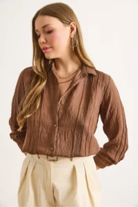 Olalook Women's Brown Geometric Stripe Detailed Loose Shirt - Image 5