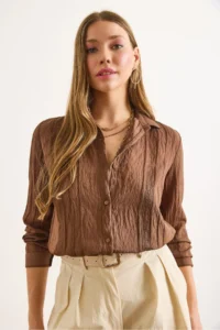 Olalook Women's Brown Geometric Stripe Detailed Loose Shirt - Image 6